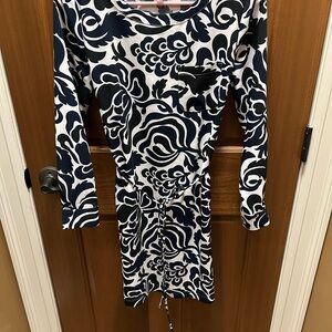 LOFT Black, White and Blue Long Sleeve Sheath Dress